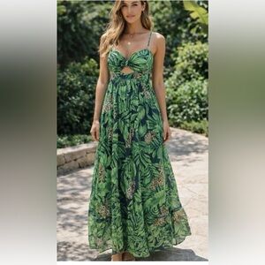 NWT Dolce Vita Collection Green Tropical Leopard Print Maxi Dress Sz 2 XXS